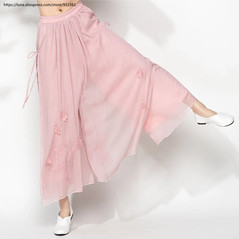 Vintage Floral Embroidery Multi-layer Wide Leg Pants Women Loose Chiffon Skirt Trousers 4 Color plus size Slacks pantalones