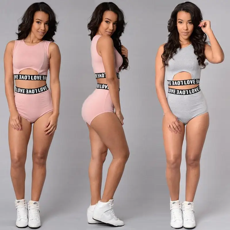 2 Piece Set Women Crop Top and Short Summer Love Pink Sport Suit Two Piece Set Gym Fitness Casual Tracksuit Cropped Tank+Bikini