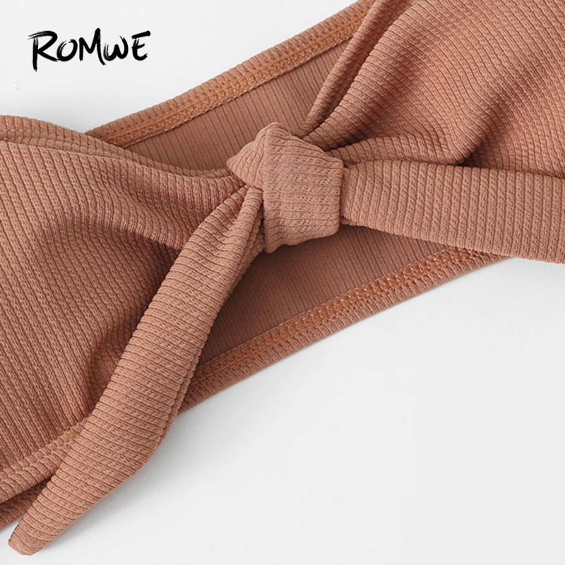 Romwe Sport Knot Front Bikini Set 2018 Summer New Brown Sexy Swimwear Ladies Knot Bandeau Beach Bikinis