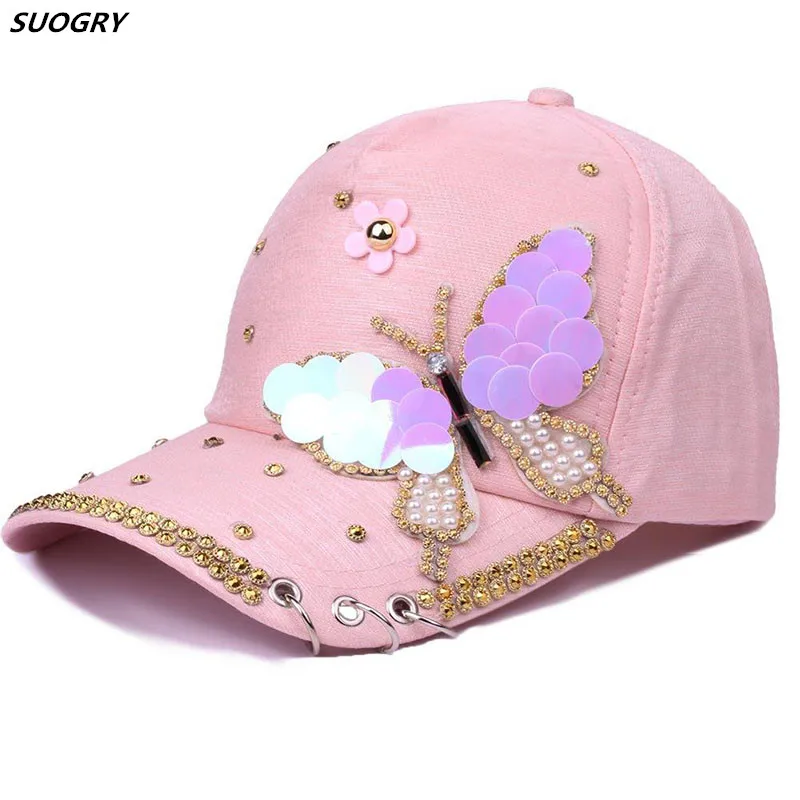 

Luxury Women Baseball Cap Brand Bling butterfly Pearl Sequins Hip Hop Cap Vintage Snap Back Design Cap Casual Snapback Hat New