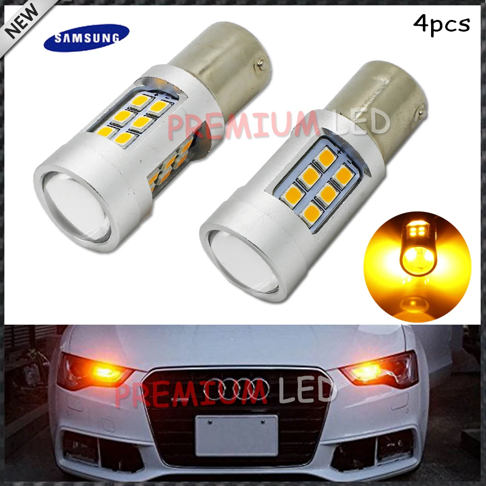 

4pcs Amber Yellow Error Free Samsung LED 1156 P21W LED Bulbs For car Front or Rear Turn Signal Lights, Daytime Running Lights