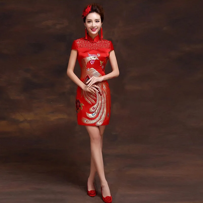 2018 Modern Cheongsam Sexy Qipao Red Women Phoenix Embroidery Chinese