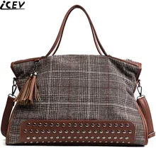 ICEV, новинка, Клетчатая Шерстяная ткань, большая вместительность, женские сумки, известные бренды, женская большая сумка-тоут, сумка через плечо, клатч с заклепками