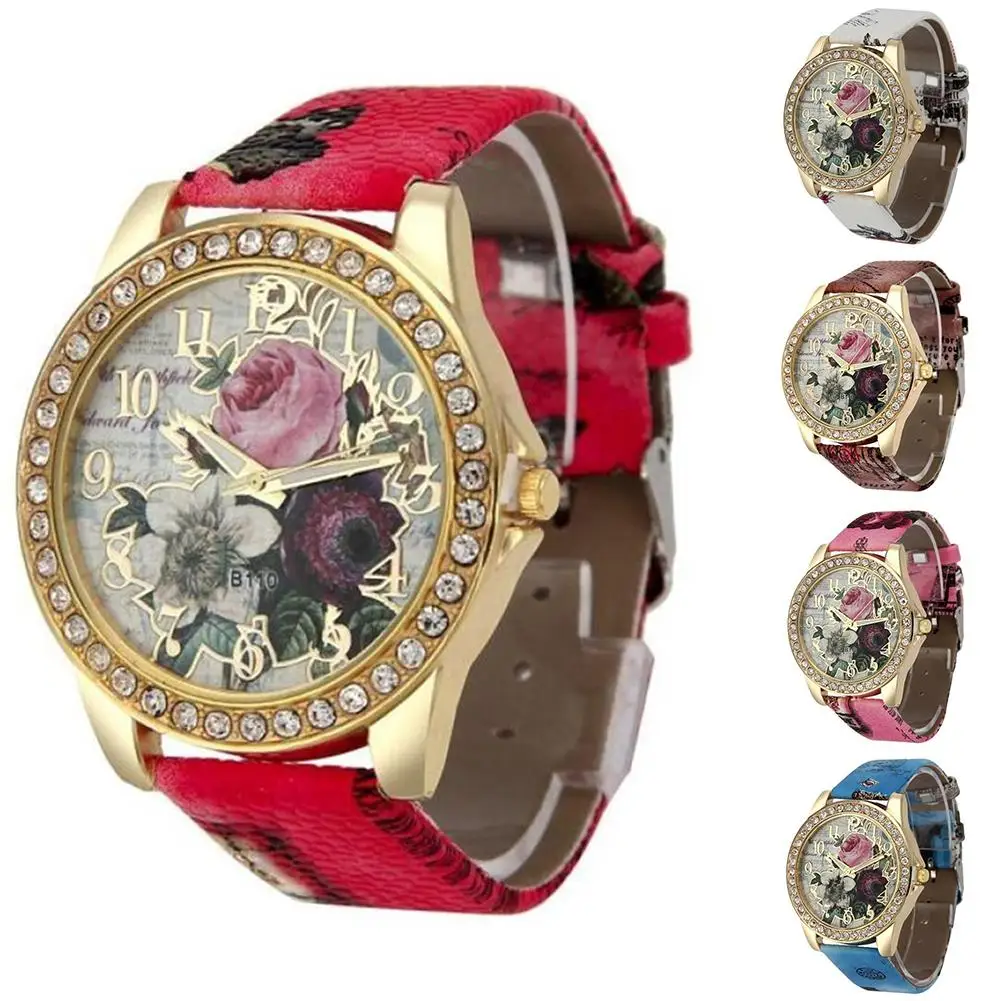 

2019 Boho Colorful Flower Pattern Round Dial Faux Leather Strap Quartz Wrist Watch