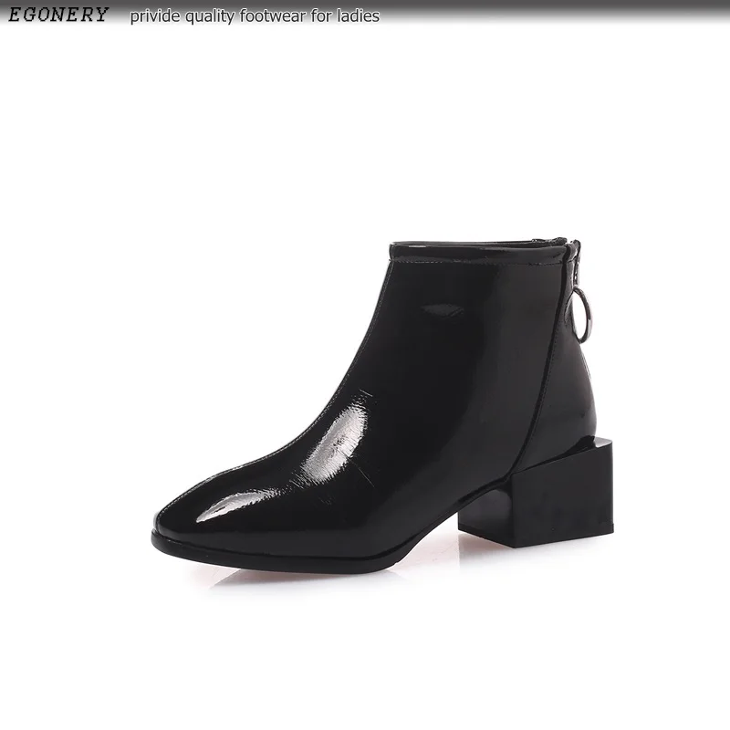 EGONERY/ горячая распродажа; Новая модная женская обувь из лакированной кожи на среднем квадратном каблуке и молнии с квадратным носком; Зимние Теплые ботильоны черного и красного цвета