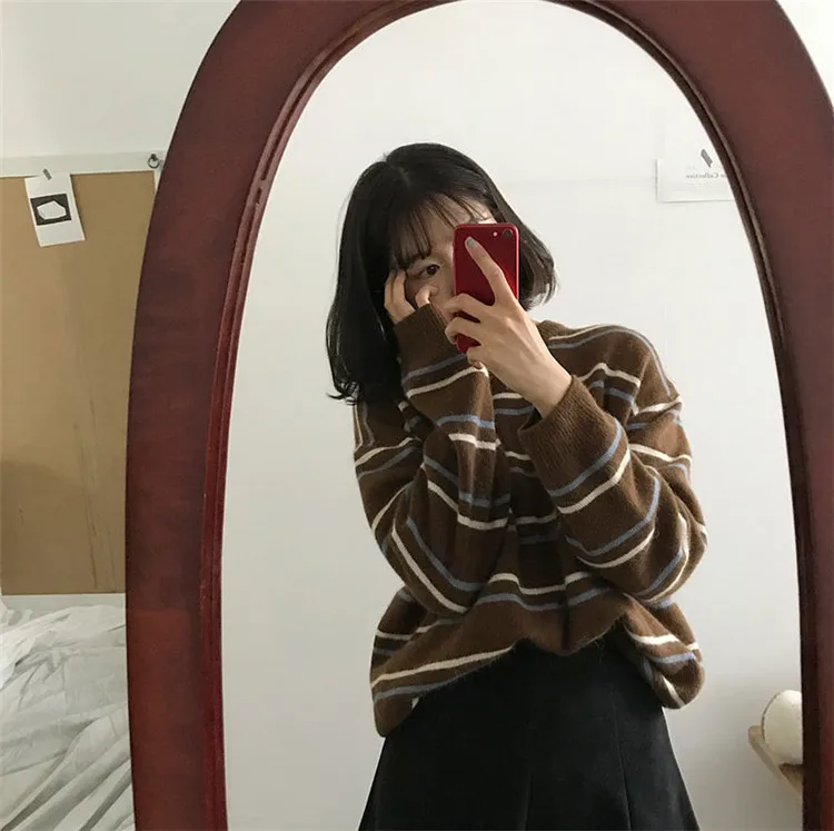 Пуловеры Для женщин Мягкие осенние свитера с круглым вырезом Chic топы на каждый день Женский пуловер Сладкий Студент полосатый Harajuku