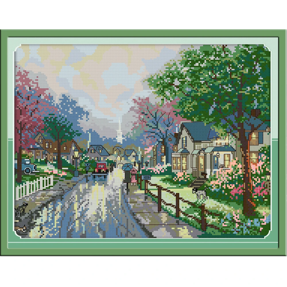 

NKF The Streets After the Rain Counted Cross Stitch 11CT 14CT Cross Stitch Kits for Embroidery Home Decor