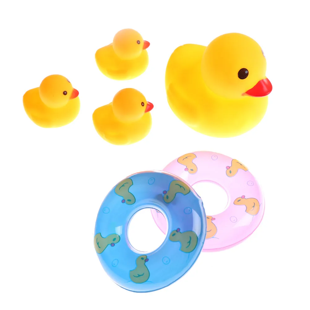 4 шт. резиновых уток с 2 шт. плавание кольца желтый детские, для малышей игрушки для ванной Симпатичные резиновые скрипучий утка душка