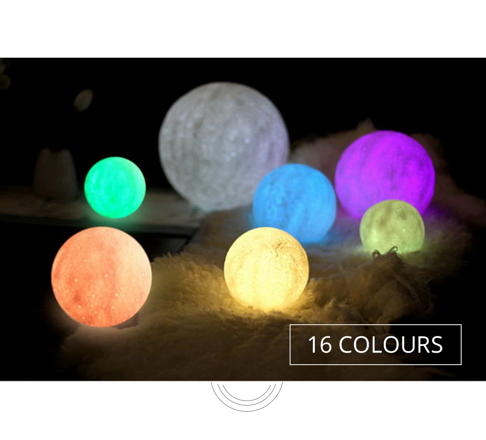Foxanon 3D Print Moon Light Rechargeable 16 Color Change Remote Control USB Charged Touch far Bedroom Table Lamps Decorative  (6)