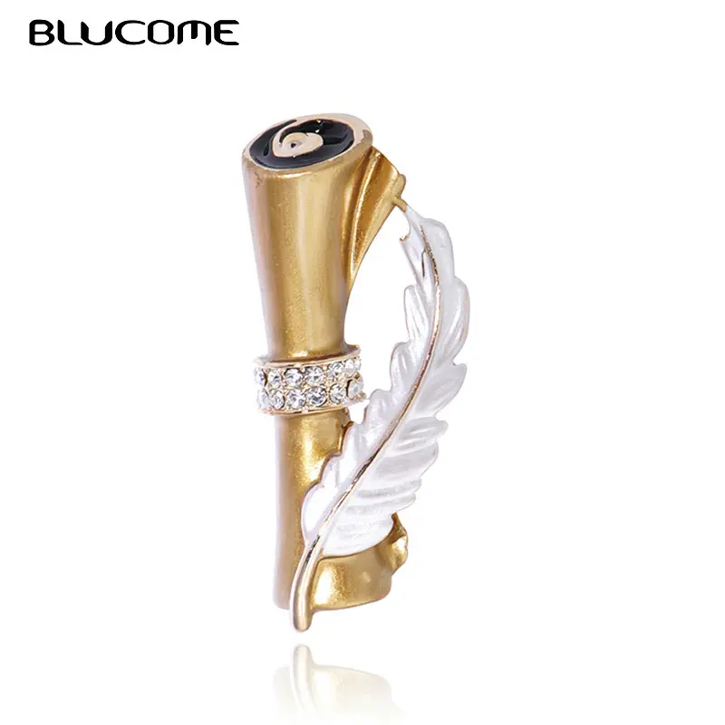Женская брошь в форме пера Blucome золотистая ручки стразы со стразами Подарочная