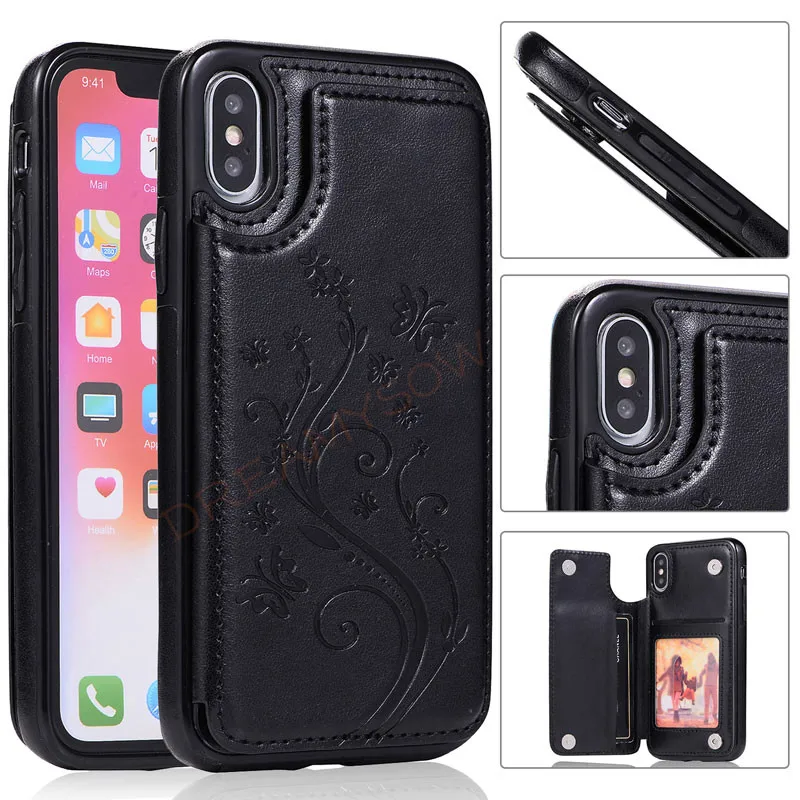 

For iPhone X XS MAX XR 6 6S 7 8 Plus Wallet Case with Card Holder Embossed Flower PU Leather Case for Samsung S10 e S9 S8 Plus