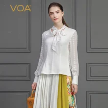 VOA/Женские топы из тяжелого шелка и белой сетки; Элегантная футболка с бантом и лентами; Базовая Офисная Рабочая Футболка; Осенняя тонкая женская футболка с длинными рукавами и фонариком; B796