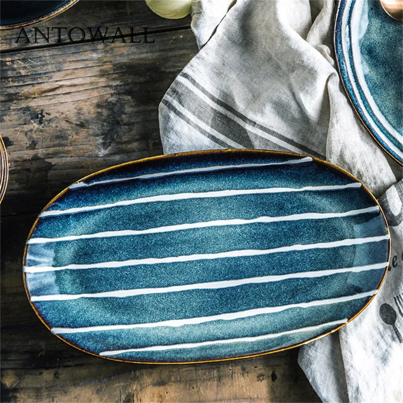 

ANTOWALL Ceramic underglaze tableware nice stripes vintage fish plate restaurant 11.5 inch cyan oval super large fish dish tray