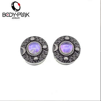 

BODY PUNK 1Pair Burnished Sliver Star Moon Galaxy With Irridescent Opal Gems Center Plug Gauges Ear Plug Earrings Body Piercing