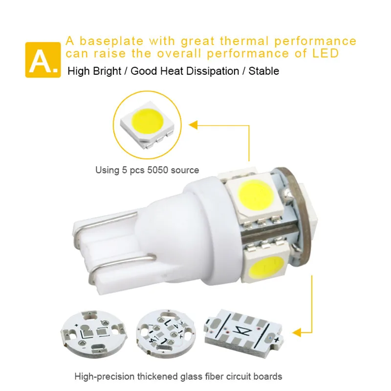 Leites 100pcs Top Quality Super BrightsLight 194 168 w5w t10 Led 5050 5SMD Instrument Lamp Automotive LED License Plate Lights.02