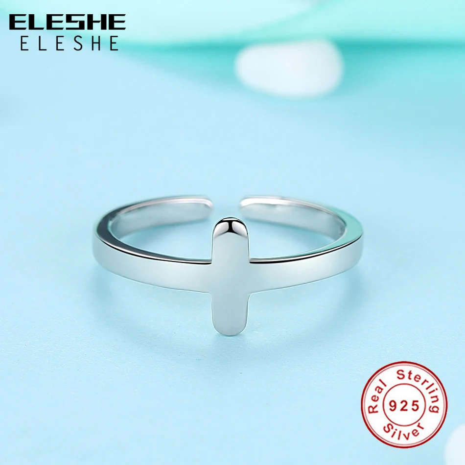 ELESHE Genuine 100% 925 Sterling Silver Faith Christian Cross Rings Wedding Simple Design Open Finger Rings For Women Jewelry