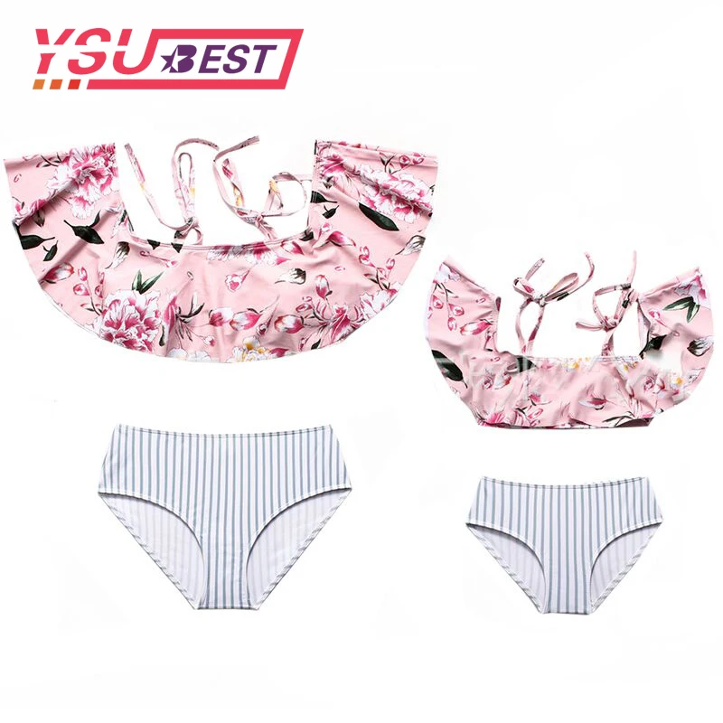 

2019 New Mother Daughter Swimsuits Summer Family Matching Flower Ruffle Swimwear Sets Mom And Daughter Beach Sexy Bikini Clothes