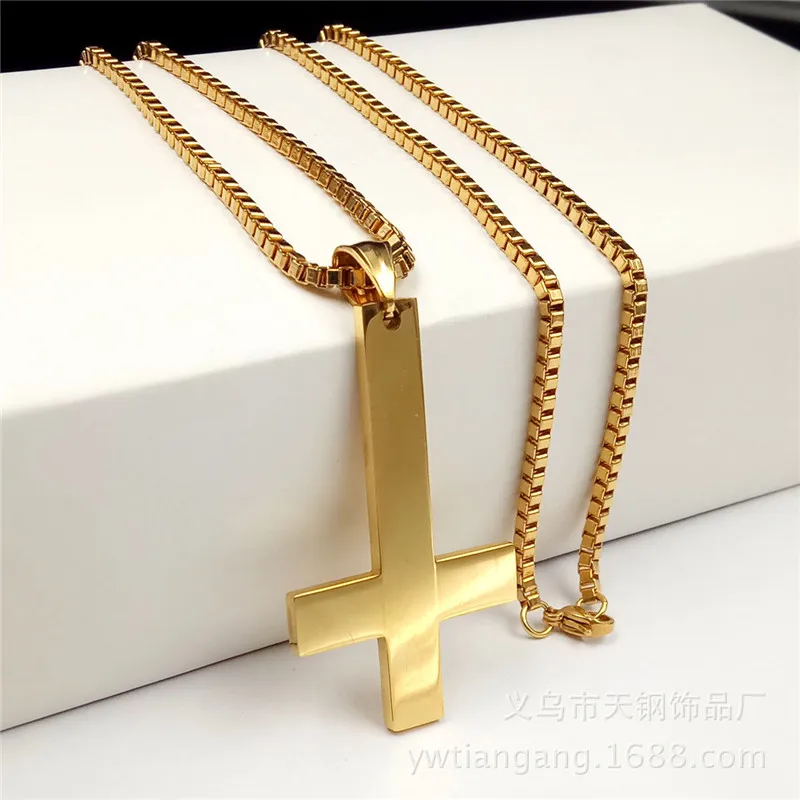 Мода 316L нержавеющая сталь перевёрнутый крест кулон ожерелье Люцифер сатана Панк ювелирные изделия цепь для мужчин женщин анти-Христианский подарок - Окраска металла: Gold