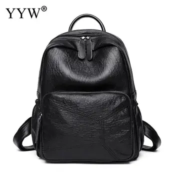

YYW 2018 Large Capacity Backpack Women Travel Bag Teenager Girl School Bag Solid Leather Backpack Black Zipper Patchwork Bag