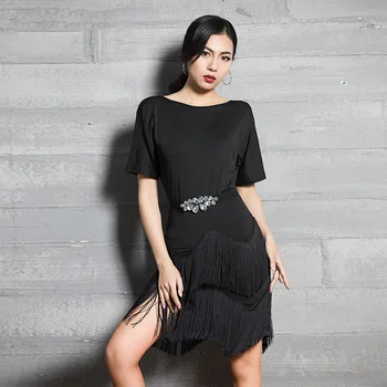 

2019 New Style Hot Latin Dance Tassels Dress Training Performance Clothes Suit Female Adults Woman Black Navy Blue MD9101