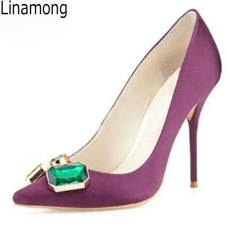 

Sexy Candy Color Gem Rhinestone Buckle Silk Stiletto High Heels Pumps Big Crystal Decor Pointed toe Woman Party Dress Shoes