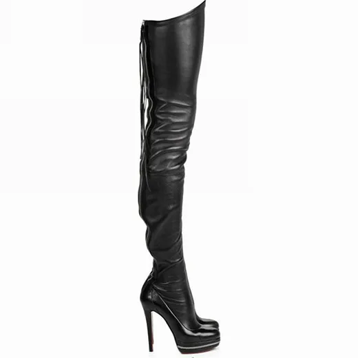 Оригинальное предназначение; популярные женские ботфорты выше колена; сапоги на тонком каблуке с круглым носком; Высококачественная обувь черного цвета; женская обувь; большие размеры США 4-15