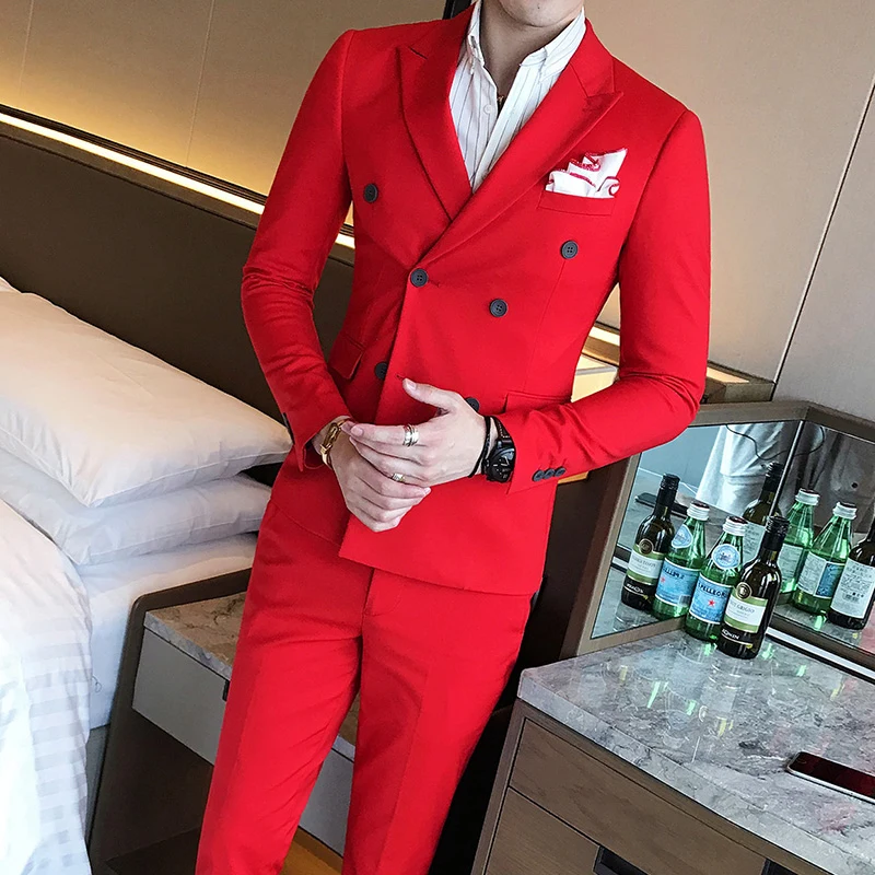 

Plyesxale Double Breasted Suit Men Red Light Grey 3 Piece Wedding Suits For Men Slim Fit Mens Business Suits High Quality Q175