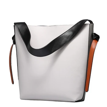 

Color Blocking Genuine Leather Bucket Bags Designer Women Handbags European and American Style Shoulder Bags Ladies Tote Bag
