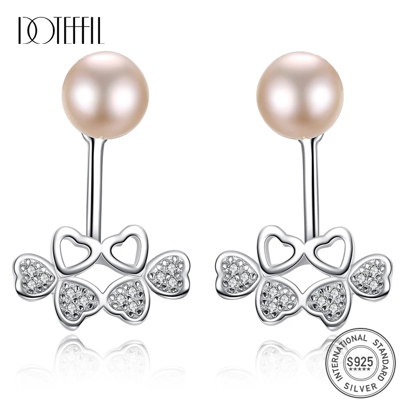 DOTEFFIL 8mm White/Pink/Purple Pearl 925 Sterling Silver Zircon Four-leaf Clover Earrings For Women Wedding Engagement Jewelry | Украшения