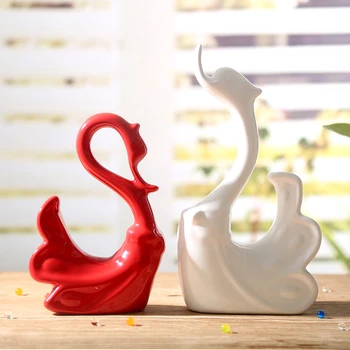 

2pcs Ceramic swan ornaments set home decoration crafts furnishings modern living room red and white animal swans figurines gift