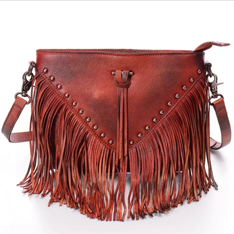 2017 New Women Lady Genuine Leather First Layer Cowhide Tassel Rivet