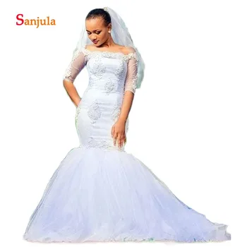 

Boat Neck Half Sleeve Mermaid Wedding Dresses 2019 African Bride Wedding Gowns Lace Appliques White Bridal Wedding Wear D923