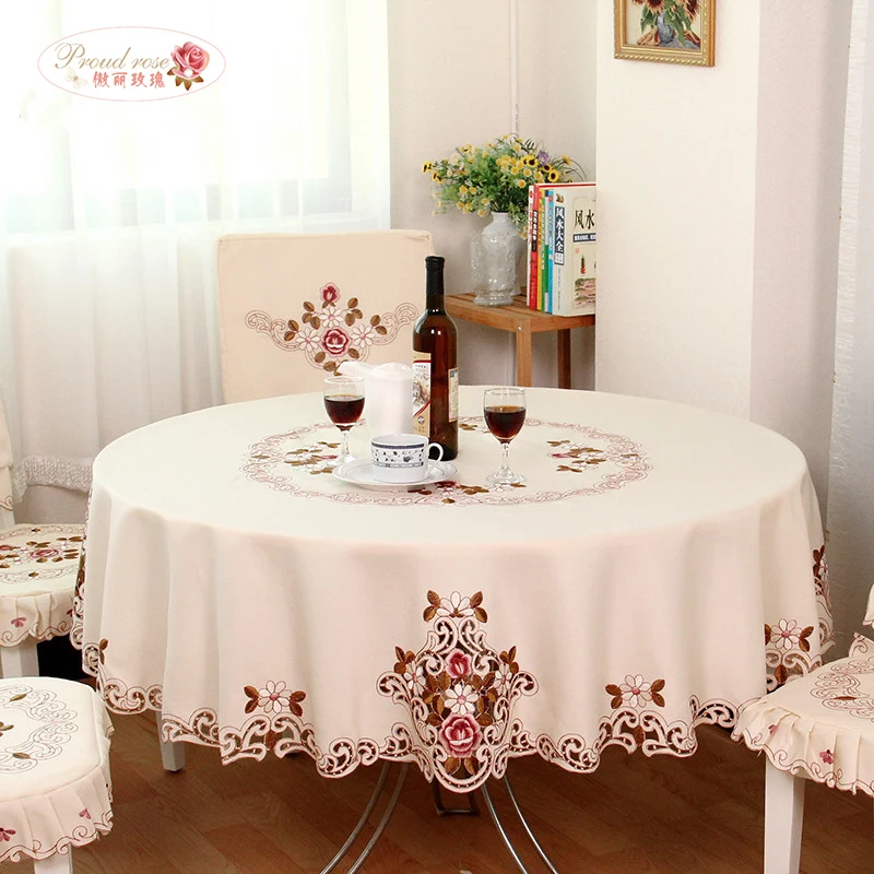 

Proud Rose Elegant Round Table Cloth Fashion Embroidery Fabric Art Tablecloth Modern Rural Style Round Tablecloth free shipping