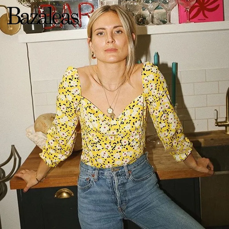 

Bazaleas Chic Yellow Daisy Print women blouse Vintage Slim Long Sleeve blusas Retro Slim blusa feminin drop shipping