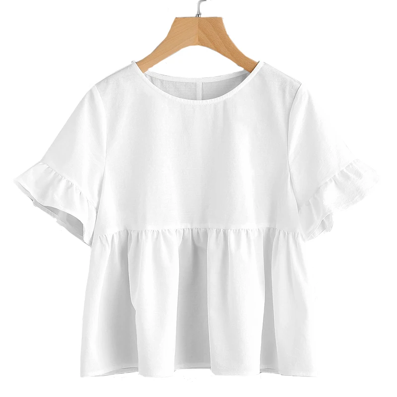 Dotfashion белая блузка с рюшами на рукавах, одноцветная блузка с круглым вырезом и коротким рукавом, топ, летняя Женская милая блузка