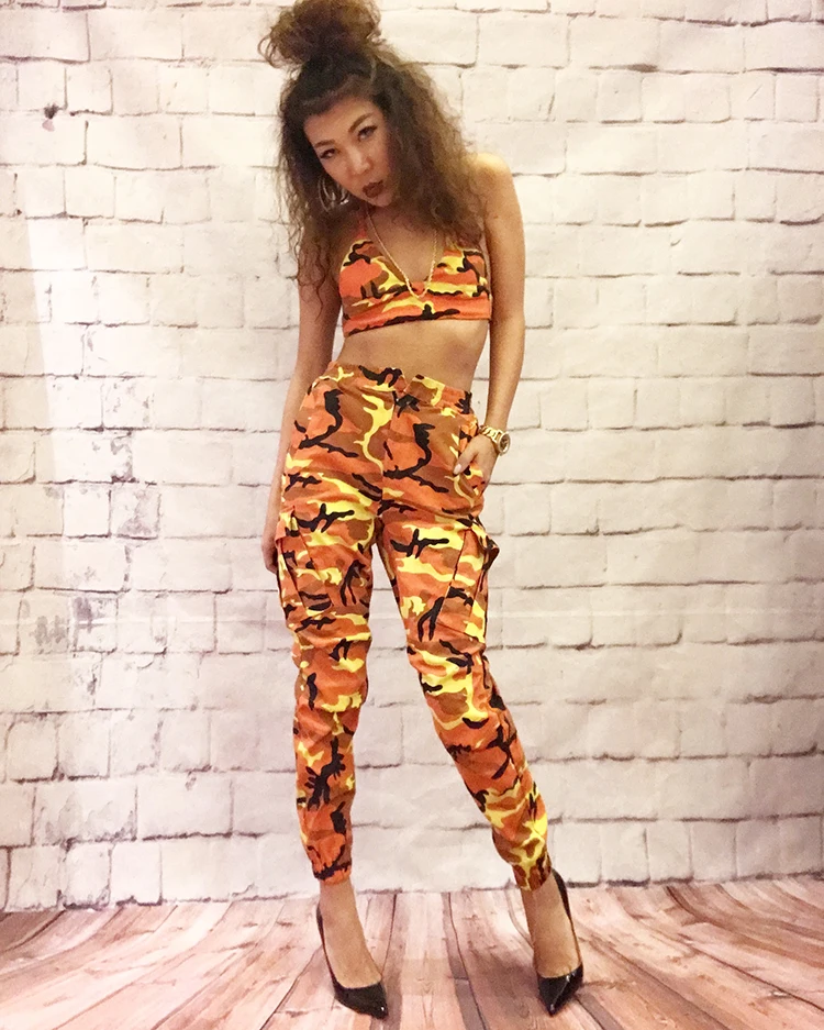 Orange Camouflage Pants Outfit Camo Pant Bra Set Crop top Camis Strap Two 2 piece set Streetwear Cargo Tracksuit Femme Suit 2pcs