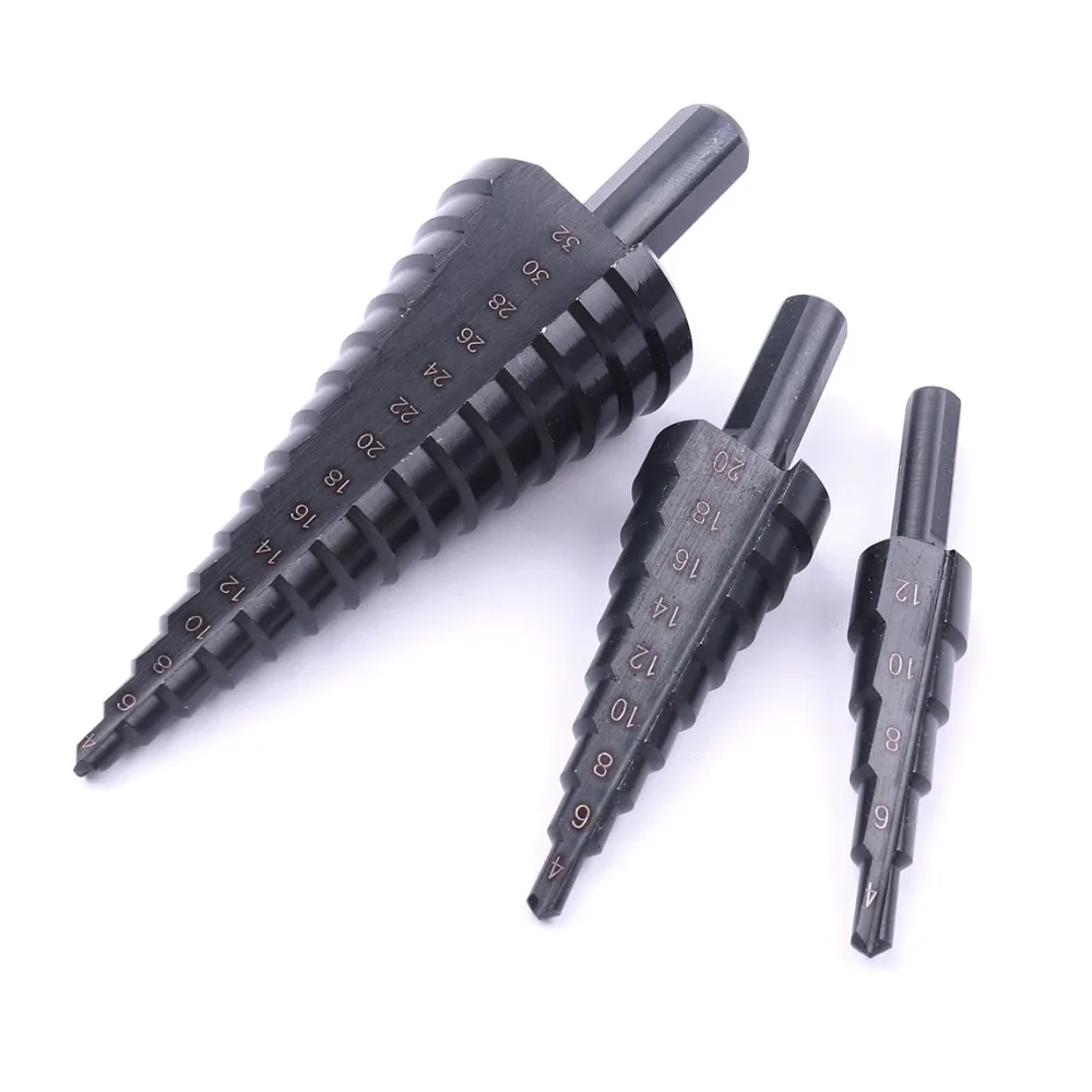 

Hot 1Pc HSS Nitriding Black Step Drill Bit 4-12mm 4-20mm 4-32mm Triangle Shank Straight Groove Drill Bit For Metal Drill Taper