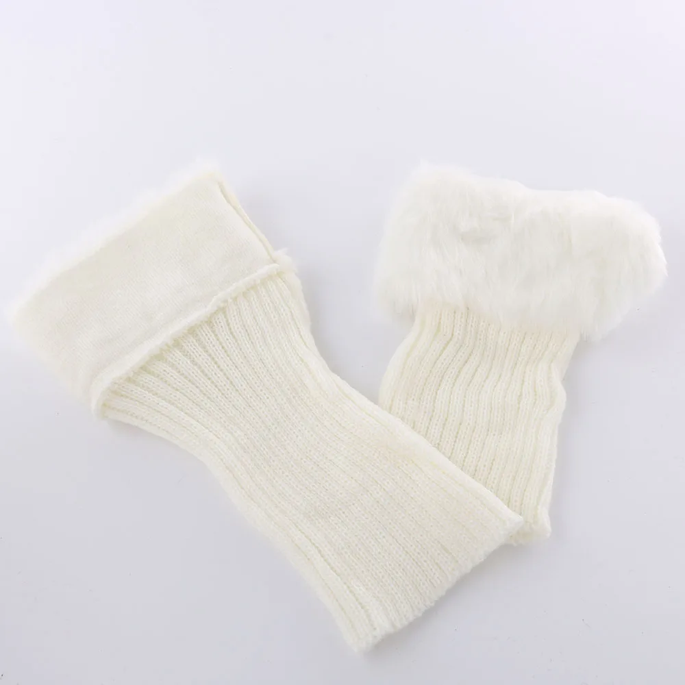 1 пара, мягкие теплые женские вязаные гетры с меховой отделкой, манжеты, зимние носки под сапоги - Цвет: Белый