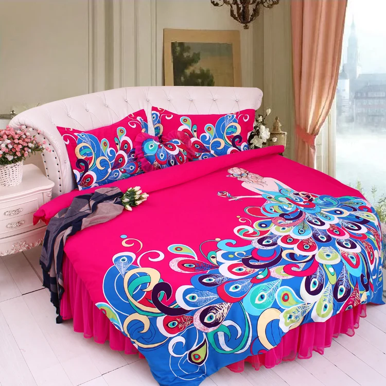 Sale LACE ROUND Corner Bed Europe Orange color Flower Bedding sets Cotton Round Double Bed sheet Duvet cover Pillow case Bedskirt 65
