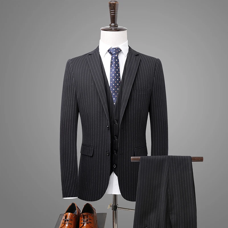 Топ, 2019 новый мужской деловой костюм обтягивающие Классические Полосатый мужской костюмы пиджаки две кнопки комплект из 3 предметов куртка