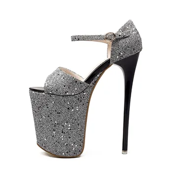

ACILICI1905020 Europe and United States Sexy Ultra-high Heel Glitter Sequined Fish Mouth Fine Heel Stage Shoes Women Sandals