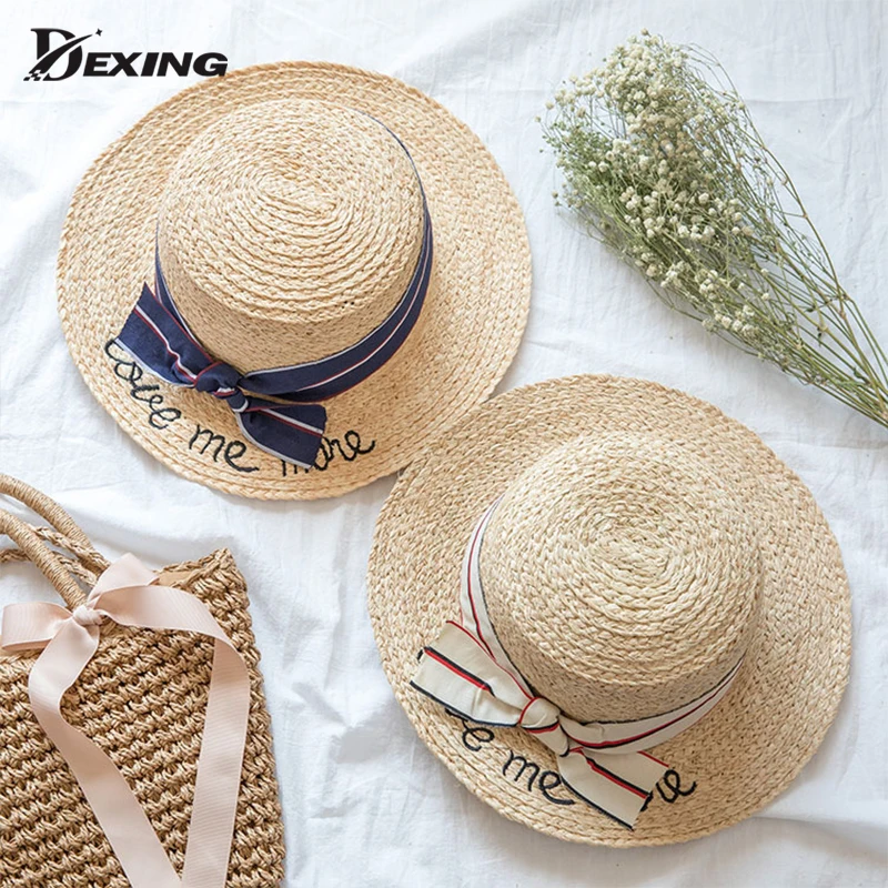 

2019 Stiff Wide Brim Letter Raffia Sun Hat for Women Falt Straw Hat Vacation Bohemia Boater Hat Beach Hat