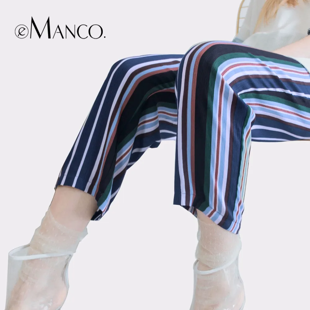 e-Manco Fashion Women Pants 100% cotton Classic Stripe Ankle Length Pants Casual Trousers For Women Clothes LR2064
