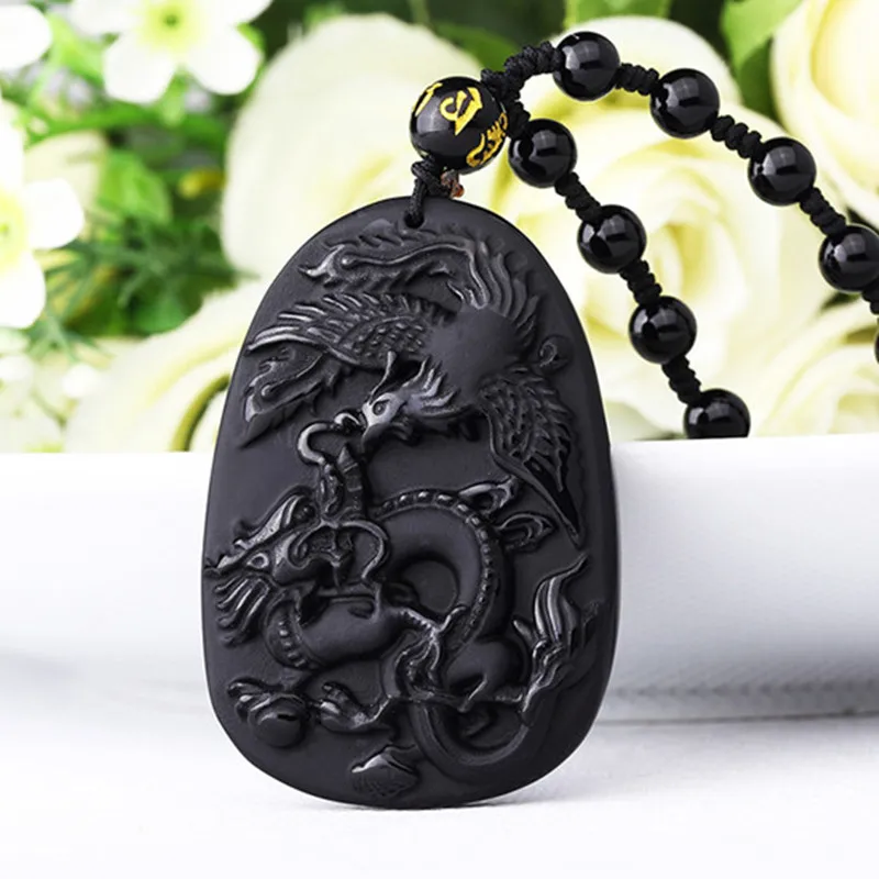

Drop shipping Natural Black Obsidian Pendant Carved Chinese Dragon Phoenix Pendant Necklace Gift for Men Women's Jade Jewelry