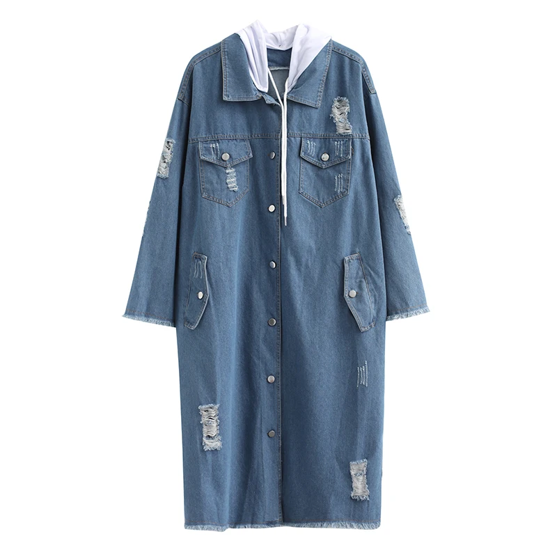 Female Denim Cardigan Hooded Trench Detachable Long Hoodie Denim Trench Coat Women's Windbreaker Large Size Ladies Clothes