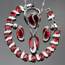 Красные камни, серебро, 925, наборы свадебных ювелирных изделий для женщин, Дамский Свадебный браслет из циркония, набор колец, Ювелирная Подарочная коробка