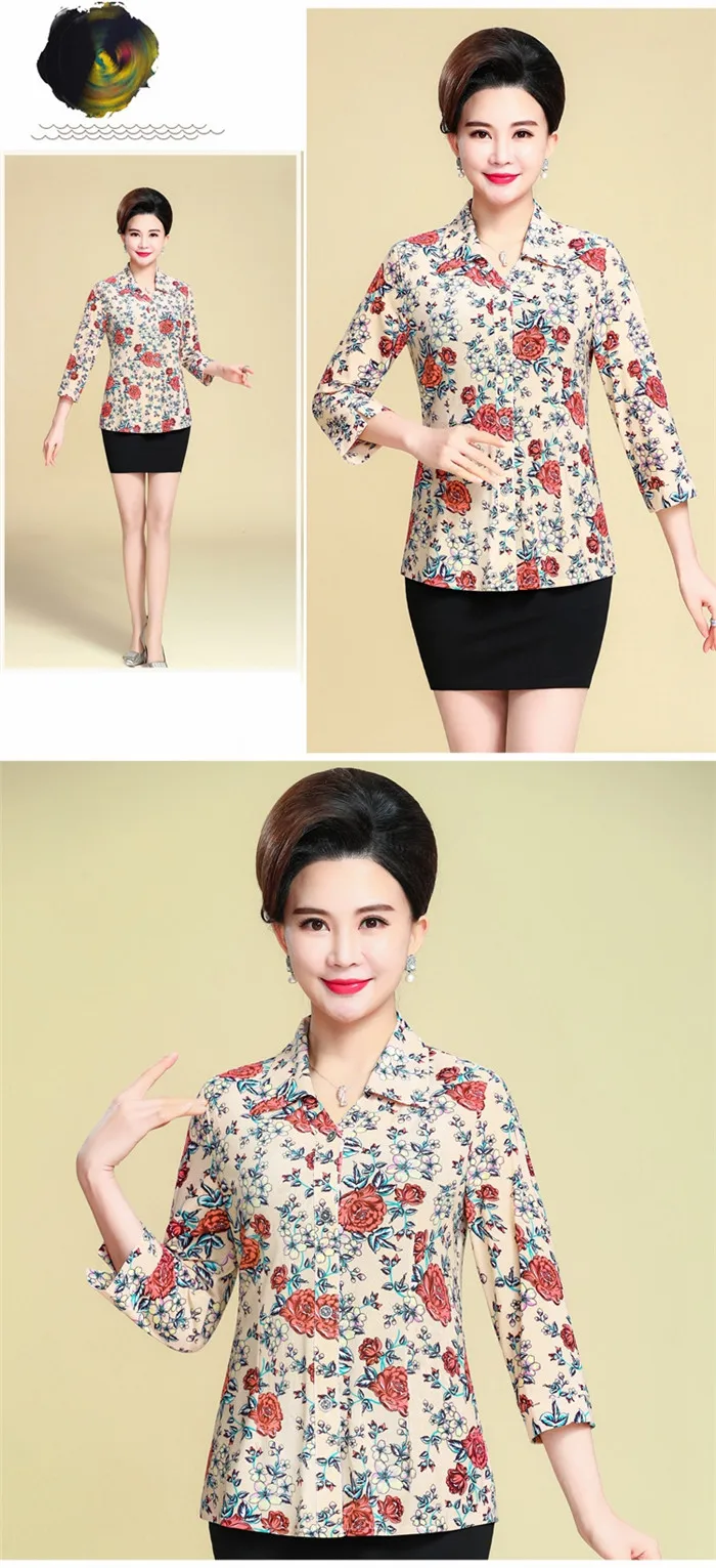Женская блузка среднего возраста, летняя, нового размера плюс, для мамы, рукав три четверти, шелковая, с принтом, блуза, Женский Топ, кардиган W885