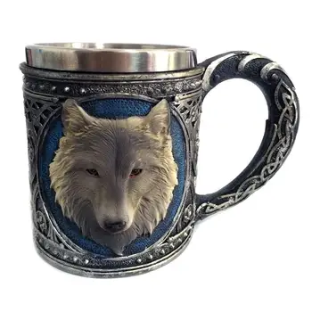 

Wolf Drinking Mug Resin Stainless Steel Lining Retro 3D Wolf Pattern Wine Cup Drinking Water Cup Bottle