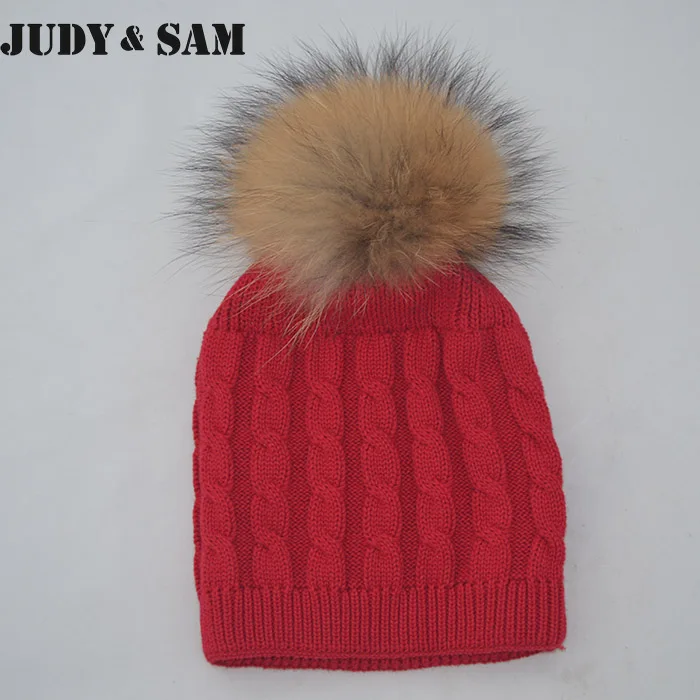 3-7Years Headwarm хлопок 2 LayersThick детские шапочки с съемный мех енота помпон шапки шляпы шляпа для девочки и мальчики - Цвет: red