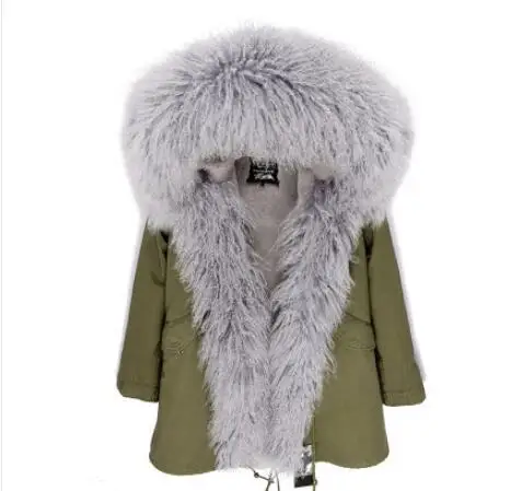 Новинка, модное женское пальто с капюшоном из монгольского овечьего меха, роскошная парка из овечьего меха средней длины, тонкая меховая Толстая хлопковая зимняя куртка - Цвет: color 22